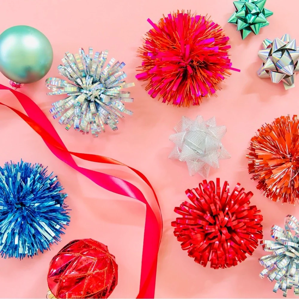 4 Red Metallic Pom Pom Bows for Party Gift Wrap
